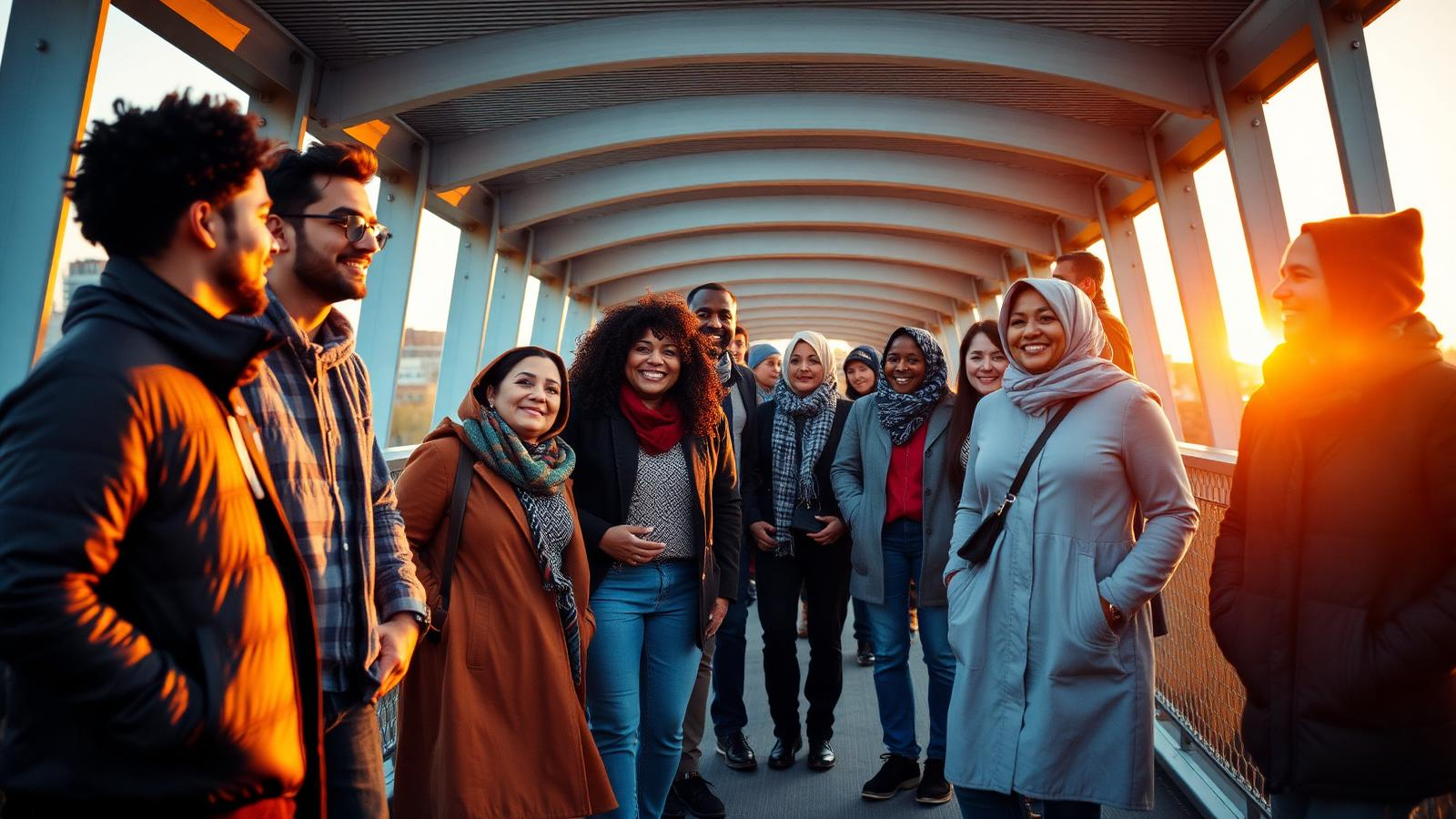 Diverse community members from many cultural backgrounds smiling and talking together