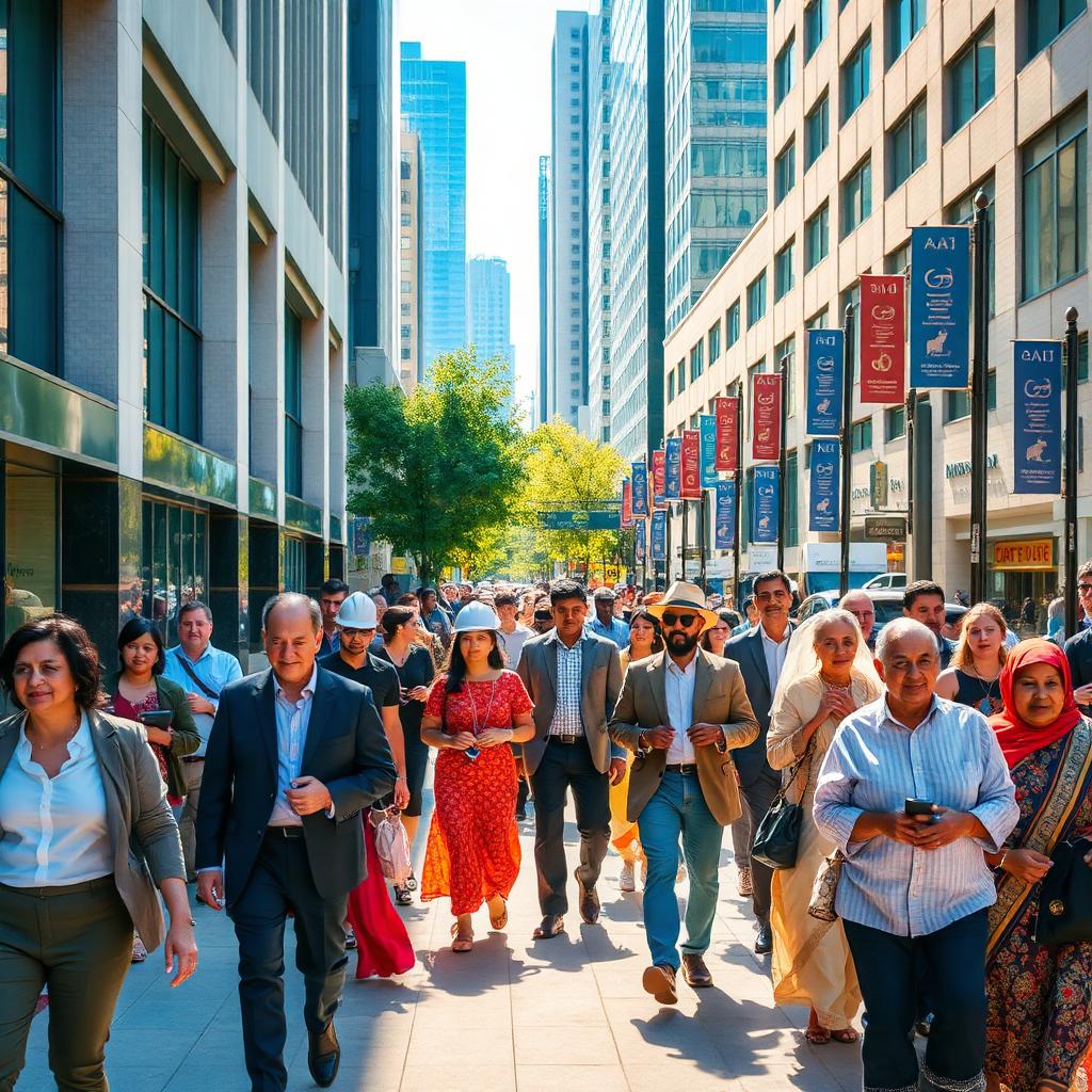 A vibrant city street with people of every culture and background walking in harmony