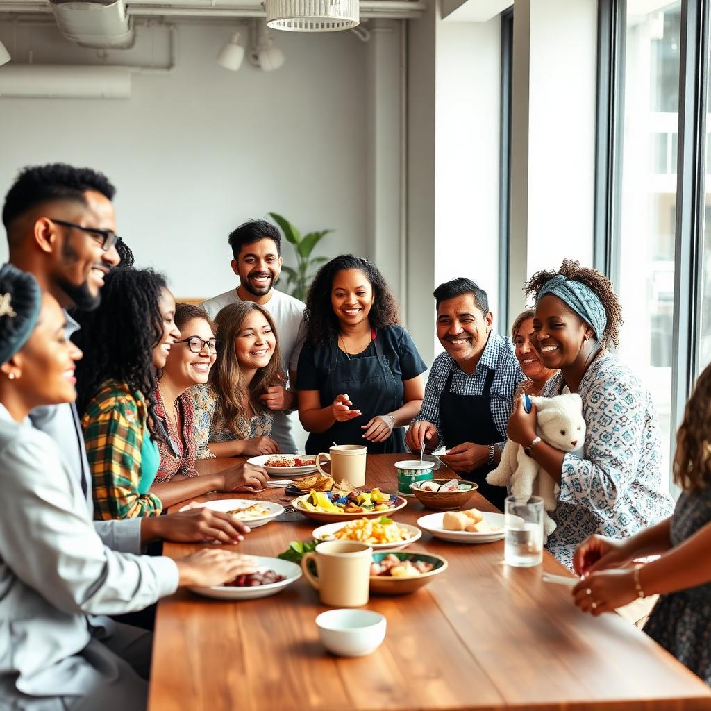 A diverse group sharing a meal around a community table